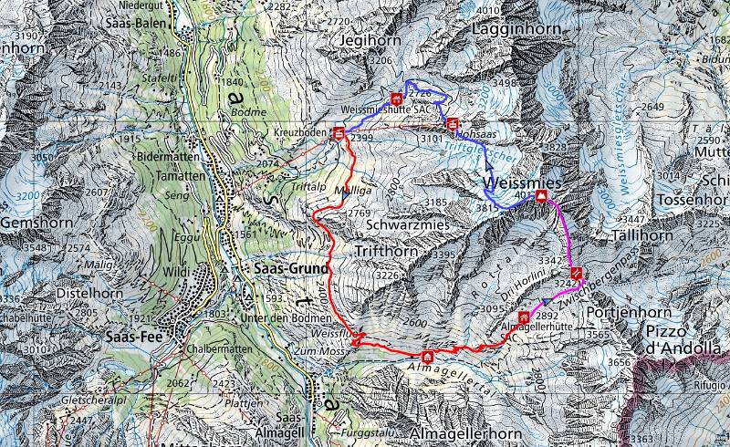 Kreuzboden - Almagellerhuette - Weissmies - Kreuzboden. 18km, 1600m Hoehenmeter