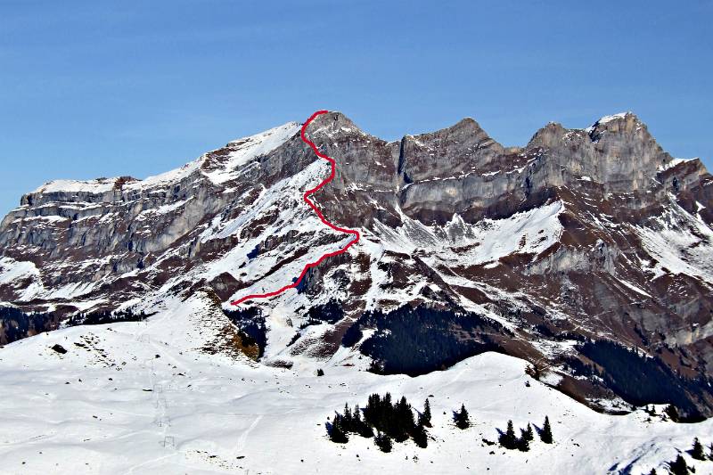 Die Klettersteigroute vom Jochpass aus (Winteraufnahme 29.12.2006)