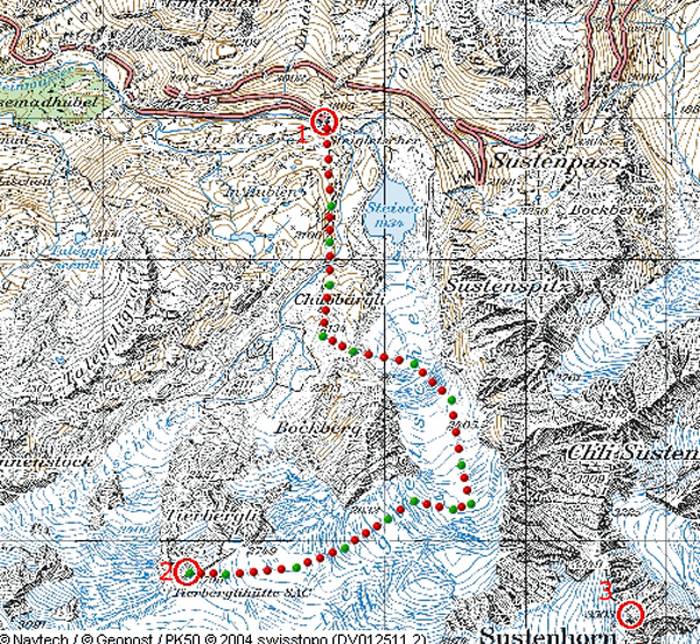 1=Steingletscher; 2=Tierberglihuette; 3=Sustenhorn