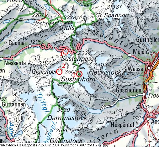 1=Steingletscher; 2=Tierberglihuette; 3=Sustenhorn