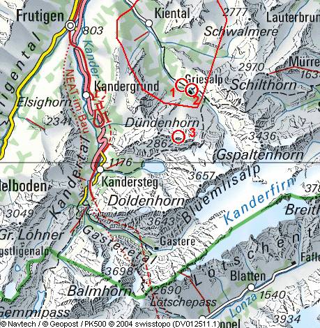 1=Parkplatz Tschingel, 1159m; 2=Griesalp, 1408m; 3=Bundstock, 2756m