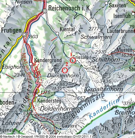 1=Parkplatz Tschingel 1159m; 2=Gipfel Chisthubel 2216m