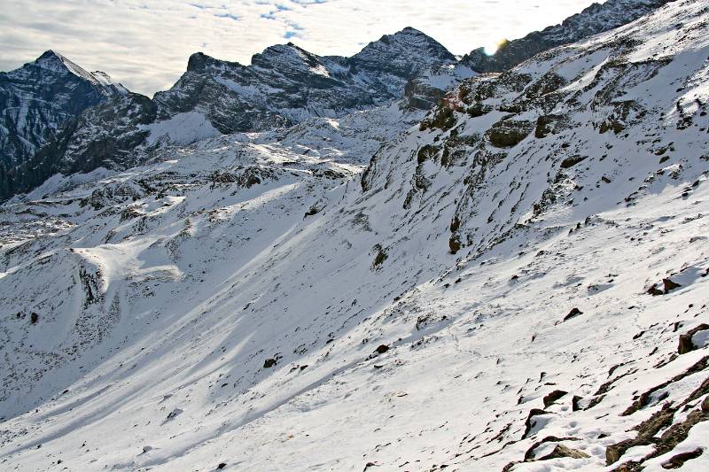 Auf dem Engelberger Schonegg. Blick Richtung Engelberger Rotstock. Der Wanderweg geht