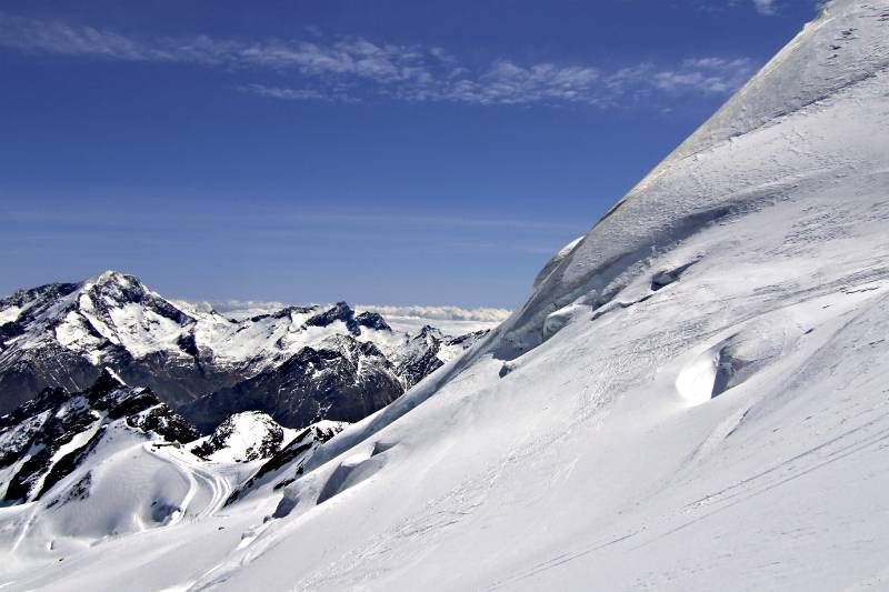 Weissmies, Mittelallalin und Gipfelhang vom Allalinhorn