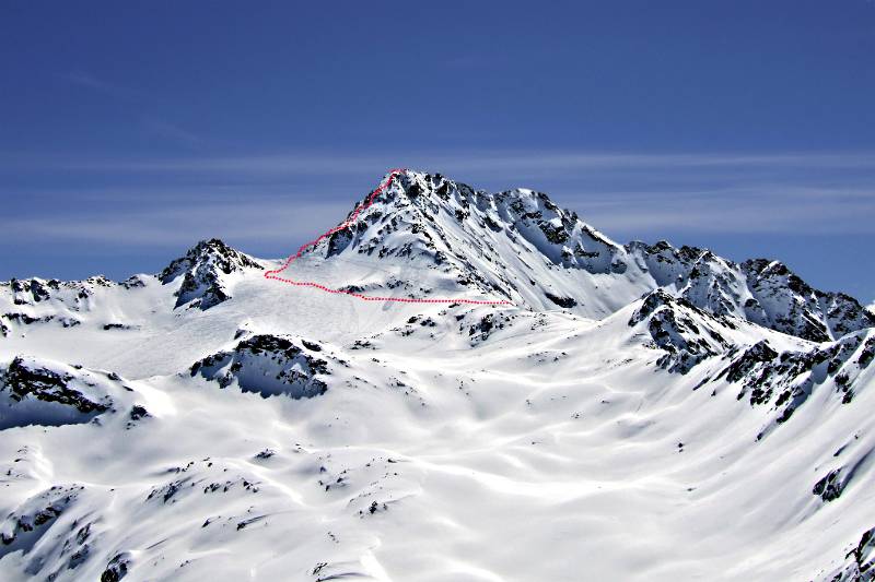 Fluela Wisshorn vom Punkt 2771m aus. Ein Teil der Route von