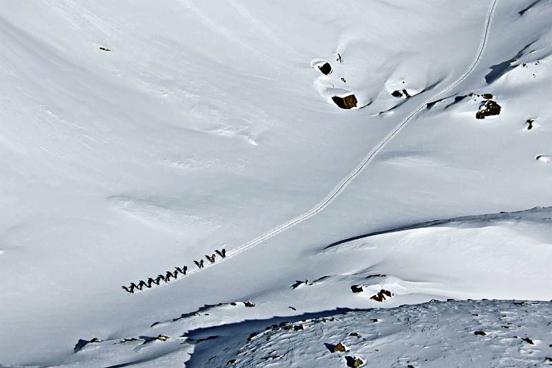 Es kommt noch eine Gruppe. Blick vom Piz Maler aus