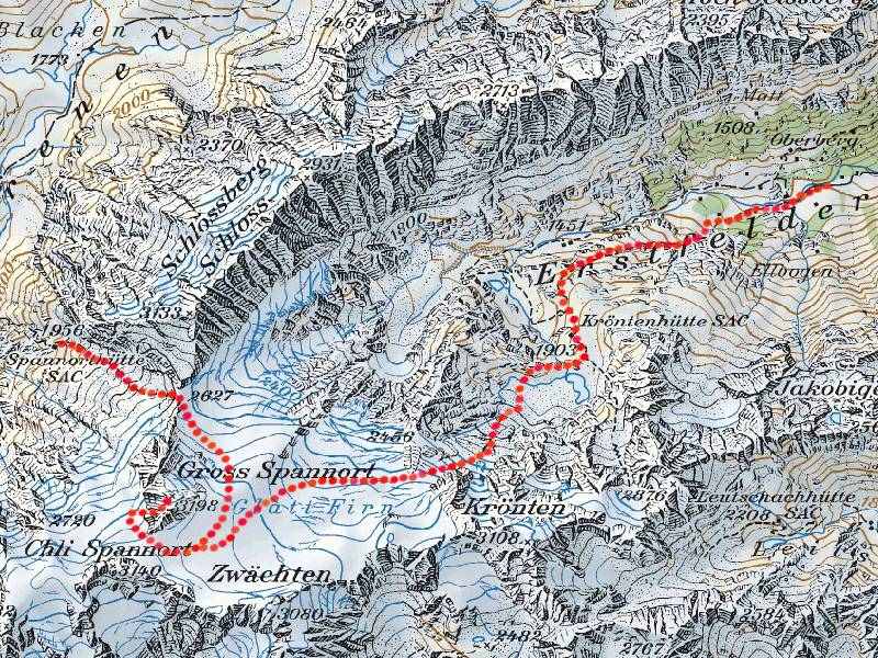 Die Route des 2. Tages. Aufstieg: Spannorthütte => Schlossberglücke => Glattfirn