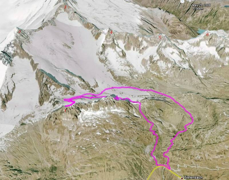 Die Route. Rechts - Aufstieg; Links - Abfahrt.1=Chli Bielenhorn; 2=Galenstock; 3=Tiefenstock;