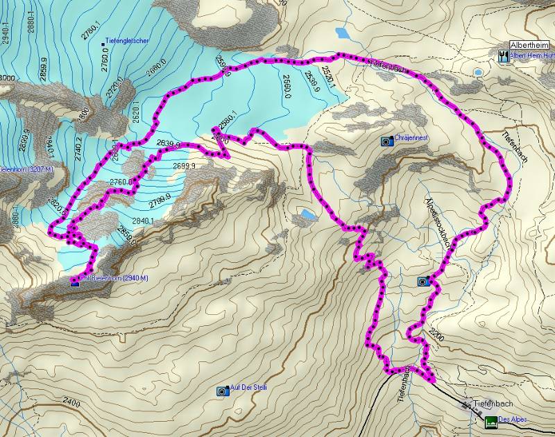 Die Route auf der Karte. Aufstiegszeit: 3:05. Gesamtzeit: 3:48