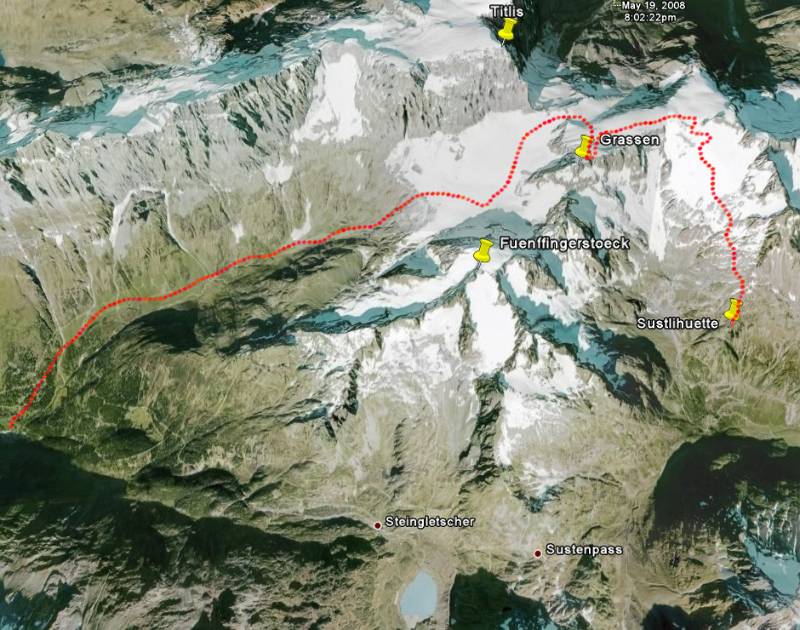 Die Tagesroute. Start in Sustlihütte, aufstieg auf den Grassen und Abfahrt