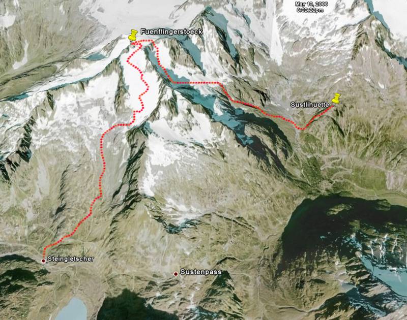 Die Tagesroute. Start im Steingletscher, Auftieg auf Fünffingerstöck und Abfahrt zur