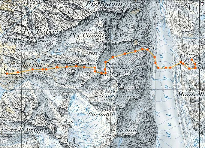 Die Route: Albignahütte -> Pass da Casnil Sud -> Fornogletscher ->