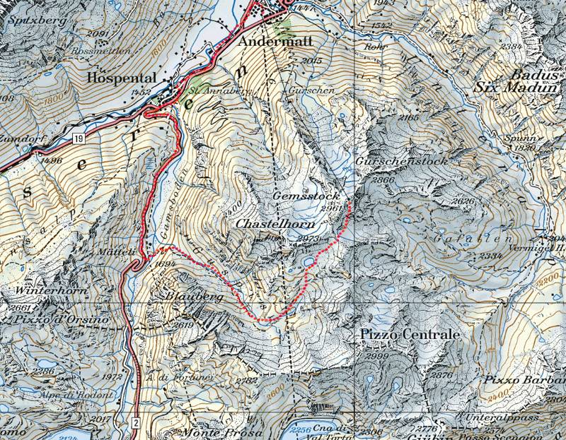 Mit Luftseilbahn zum Gemsstock. Dann kurze Abfahrt und wieder Aufstieg zu