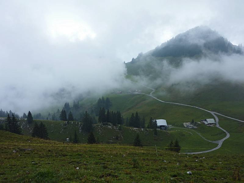 Die Strasse führt über Nebel zum Klewenalp