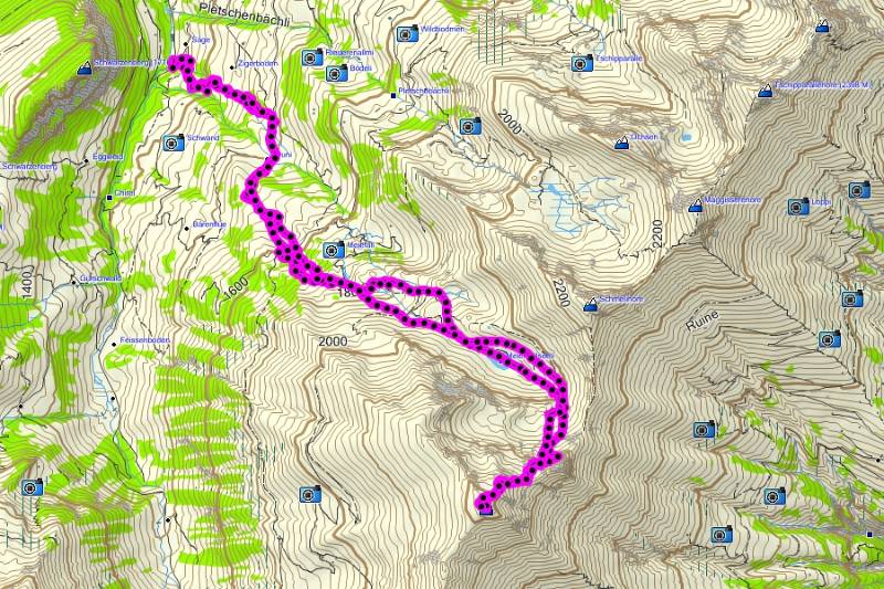 Die Route auf der Karte: ca. 1400Hm, Distanz 12.6km