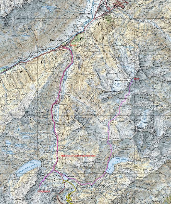 Die Route auf der Karte. Start auf dem Gemsstock => Gotthardpass