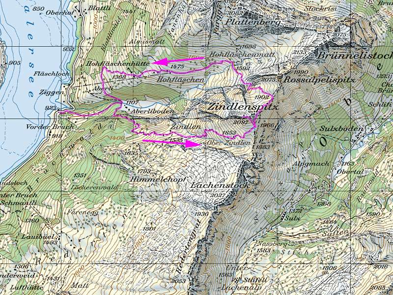 Die Route: Wägitalersee - Zindlenspitz. Höhendifferenz: 1100m; Distanz: 9km.