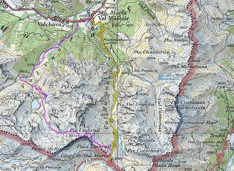 Die Wanderroute. Mit Postbus von Sta. Maria auf Pass Umbrail. Aufstieg