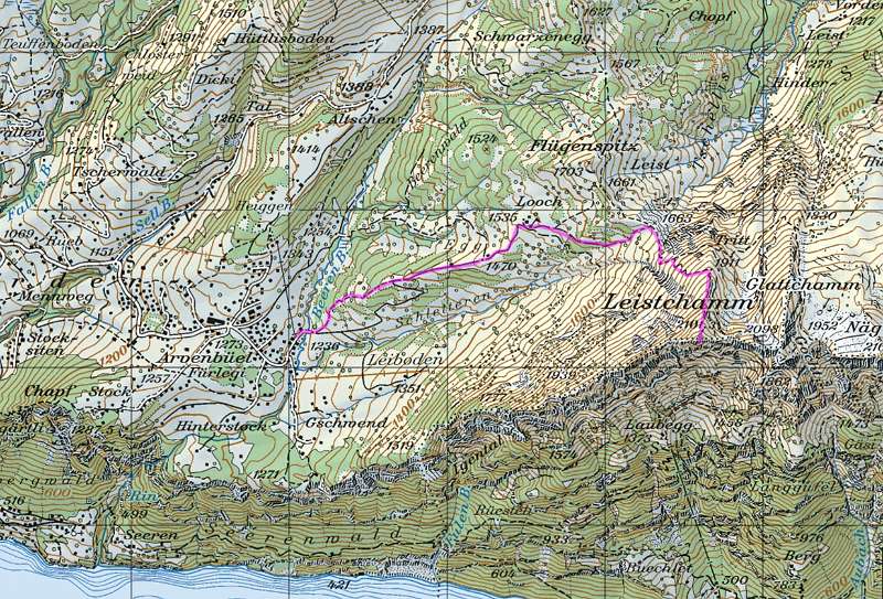 Die Wanderroute. Start in Arvenbüel. Das Ziel: Leistchamm. Distanz: 9.6km; Höhendifferenz: