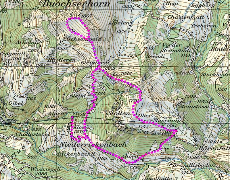 Die Wanderroute. Start in Niederrickenbach. Bei der Abzweigung, rechts und Aufstieg