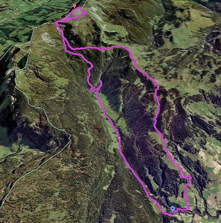 Die Route auf Google Earth. Start bei Säge in Habkern. Hm: