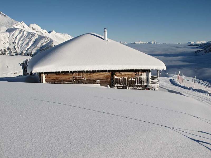 Winterlandschaft mit viel Sonne und viel Nebel unten