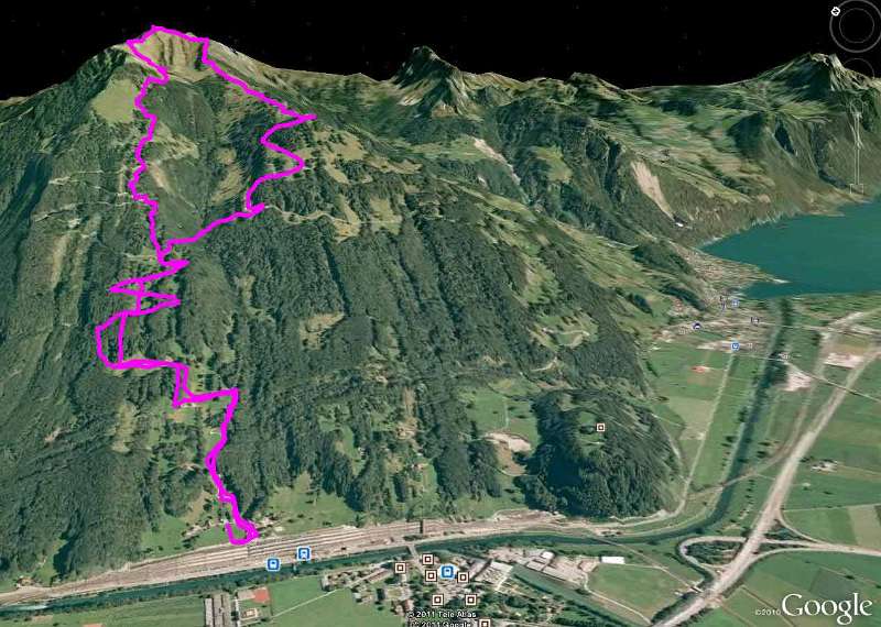 Die Wanderroute auf Google Earth: 1400Hm, 12.5km, Schwierigkeit T3