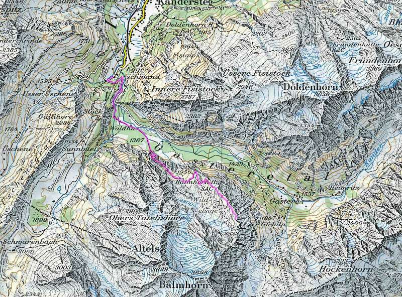 Die Wanderroute. Start in Kandersteg, Eggeschwand. Aufstieg zur Balmhornhütte und weiter