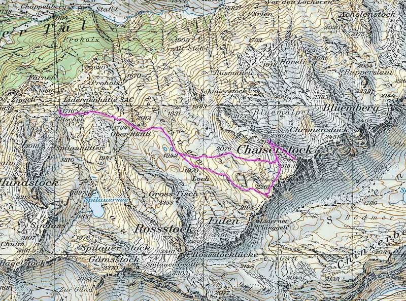 Die Route. Aufstieg : Chäppeliberg - Gitschen (mit Seilbahn) - Anbzweigung