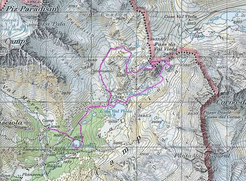 Die Route. Start in Alp Camp. Dann weiter Lagh da Saoseo