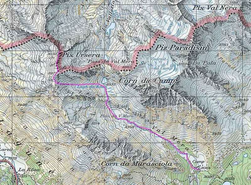 Die Wanderroute. Start in Val Camp - Val Mera - Plan