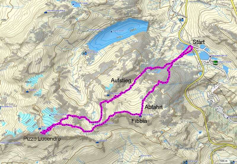 Die Route: Start auf dem Gotthardpass - Vallettalücke - Abfahrt auf