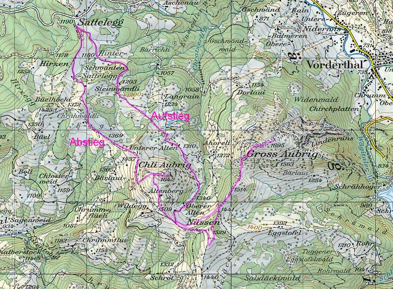 Die Route auf der Karte. Start auf Sattelegg. Gemäss Wegweiser, linke