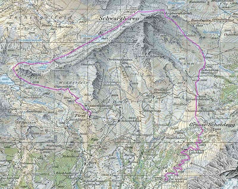 Die Route. Mit Seilbahn bis First. Dann fast eine Runde mit