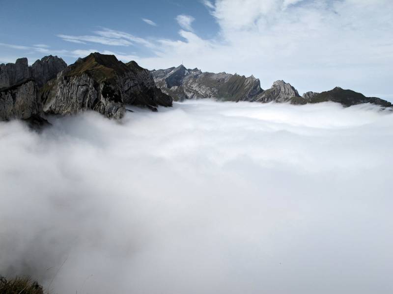 Unten ist alles mit Nebel bedeckt. Blick Richtung Säntis