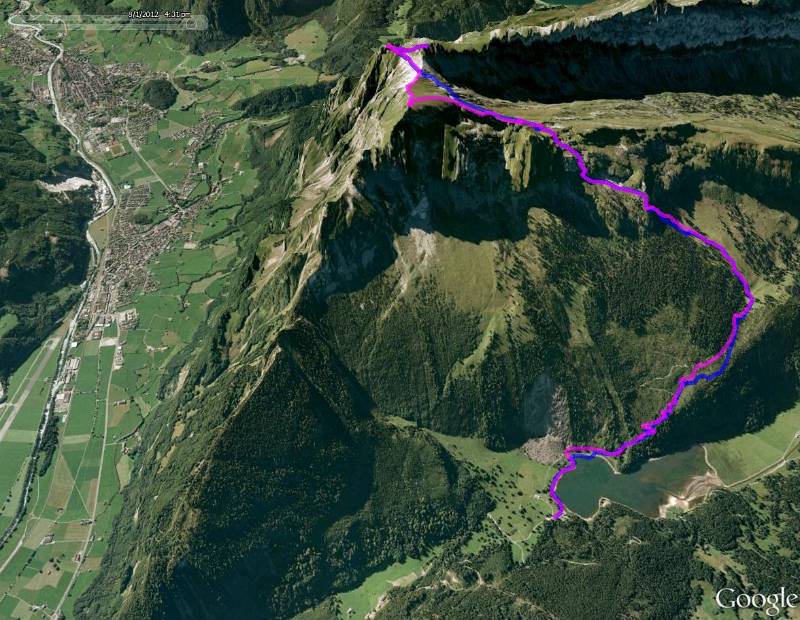 Die Route auf Google Earth. Start beim Obersee. Links sind Nestal