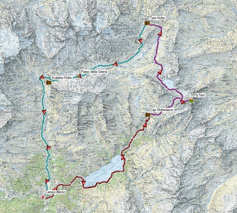 Überblick der Route. Tag1: Campo Blenio - Cap. Motterascio; Tag2: Cap.