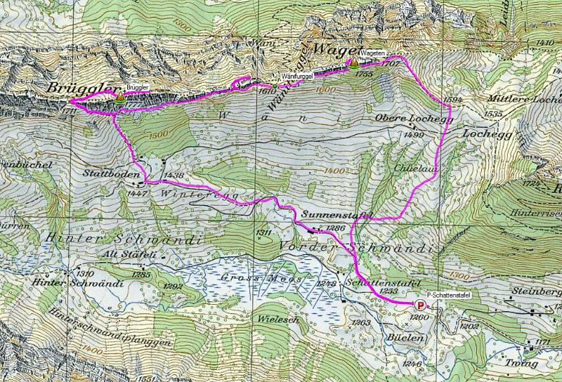 Die Route auf der Karte: Schattenstafel -Stattboden -Brüggler - Wänifurggel -