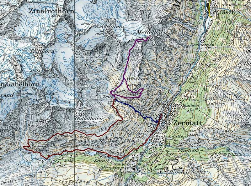 Überblick der dreitägigen Route. Blau: Tag1, Zermatt - Berggasthaus Trift; Magenta:
