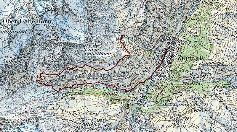 Die Tages-Route: Trift - Höhbalmen - Arben -Zmutt - Zermatt