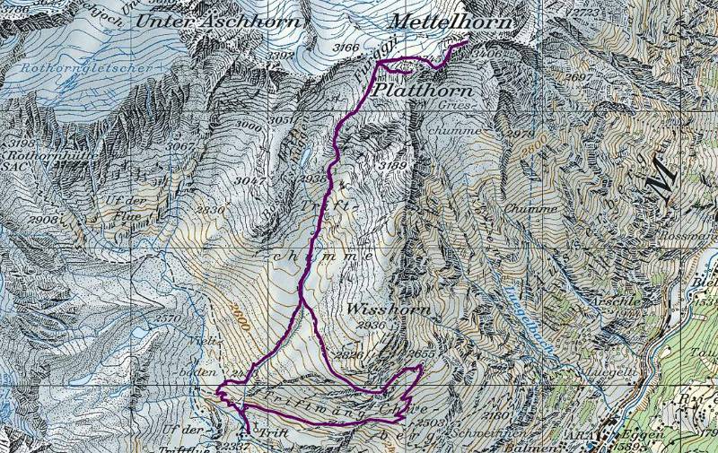 Die Tages-Route: Trift - Furggji - Mettelhorn - Platthorn - Wisshornweg