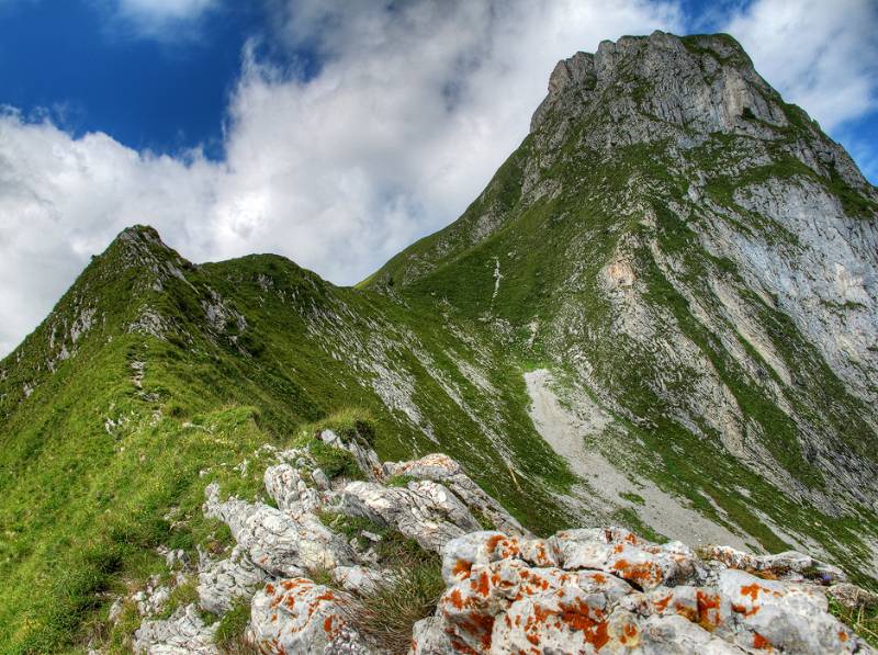 Vom Leiterepass auf dem Grat geht es Richtung Gantrisch