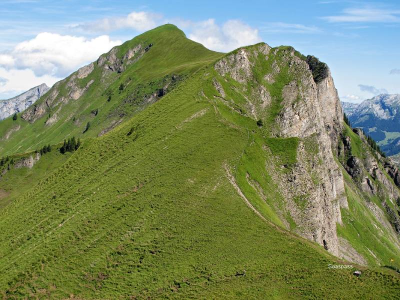 Saaspass und weit vorne der Gipfel von Fläschenspitz (die einfachste Route