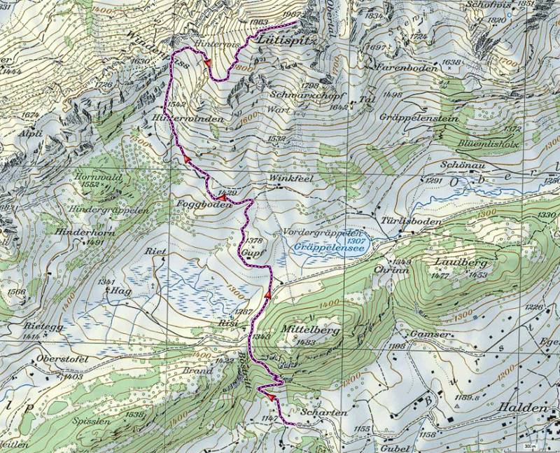 Die Route auf der Karte: Abstieg gleich wie Aufstieg.