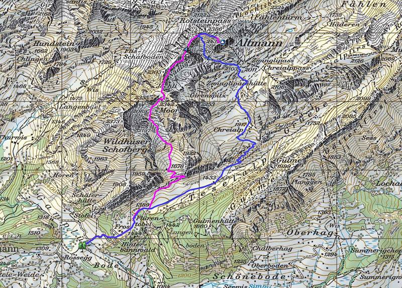 Die Wanderroute. Start auf der Bergstation der Gamplüt Seilbahn. Magenta -