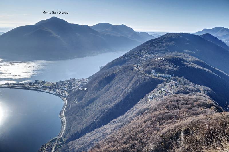 Blick von Monte San Salvatore: Start in Melide, weiter über Carona