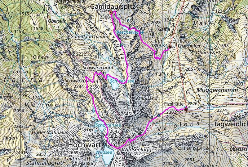 Mit Seilbahn bis Pizolhütte. Dann Wildsee, Schottensee, Schwarzsee, Baschalvasee, Gamidaurspitz und