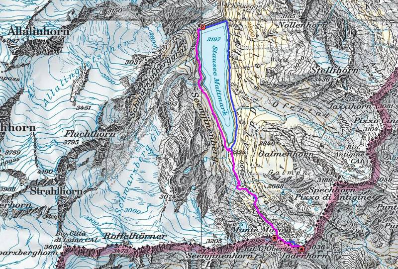 Route. Magenta - Aufstieg; Blau - Abstieg.