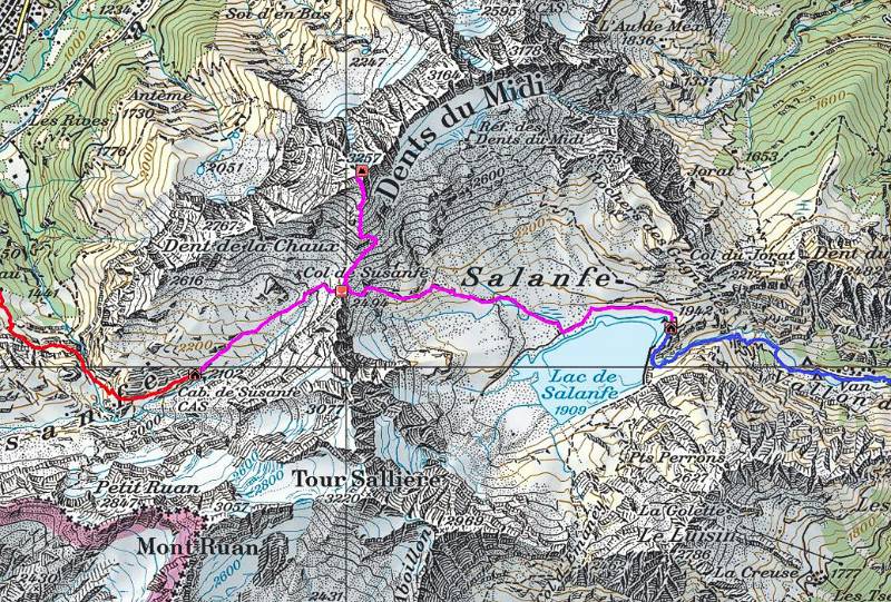 Route auf der Karte: Schwierigkeit - T3+; Aufstieg - 1150Hm; Abstieg: