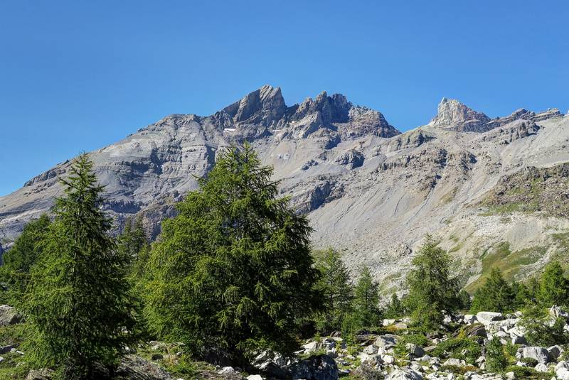 Blick zurück von Lac de Salanfe auf Dent du Midi
